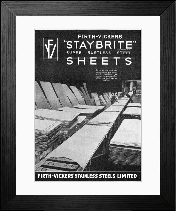 Framed Print : Firth-Vickers Staybrite Stainless Steel Sheets 1943 Advert Framed Print : Firth-Vickers Staybrite Stainless Steel Sheets 1943 Advert