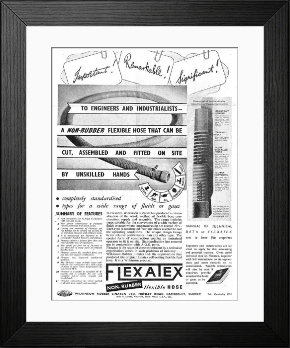 Framed Print : Wilkinson Rubber Linatex Flexible Hoses 1943 Advert Framed Print : Wilkinson Rubber Linatex Flexible Hoses 1943 Advert