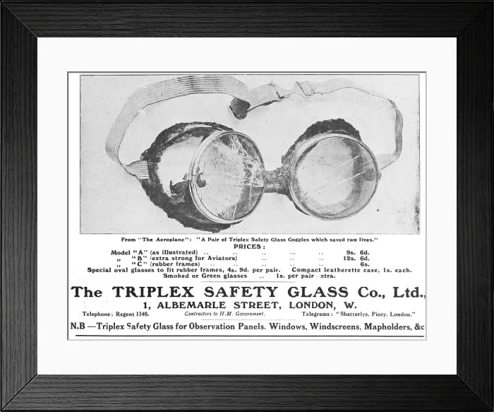 Framed Print : Triplex Safety Glass Aircraft Windscreens & Goggles 1916 Framed Print : Triplex Safety Glass Aircraft Windscreens & Goggles 1916
