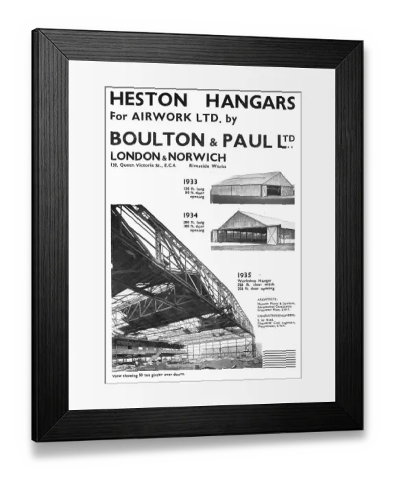 Framed Print : Boulton & Paul - Heston Hangars For Airwork Ltd 1933-1935 Framed Print : Boulton & Paul - Heston Hangars For Airwork Ltd 1933-1935