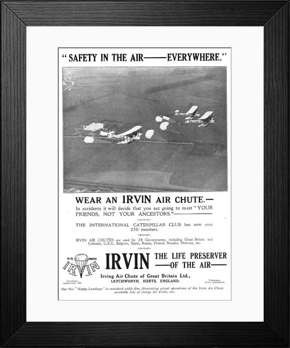 Framed Print : Irvin Parachutes 1930 Advert Framed Print : Irvin Parachutes 1930 Advert