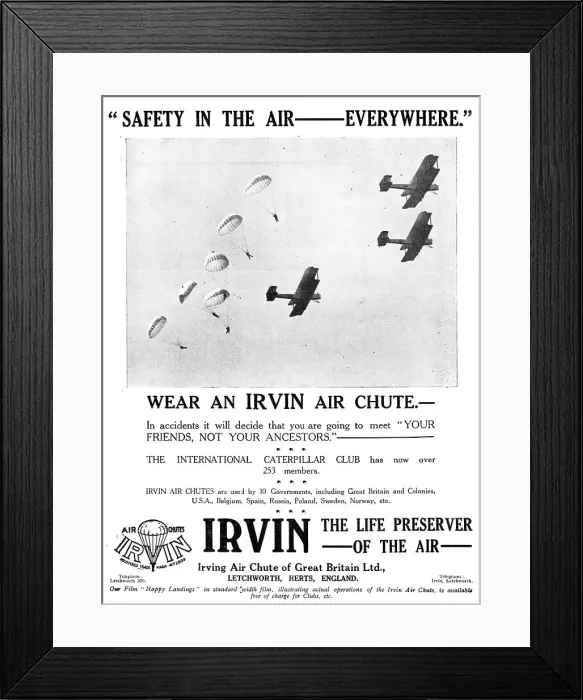 Framed Print : Irvin Parachutes 1930 Framed Print : Irvin Parachutes 1930