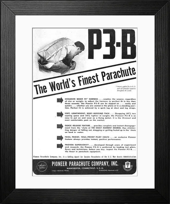 Framed Print : Pioneer P3-B Parachutes 1946 Framed Print : Pioneer P3-B Parachutes 1946