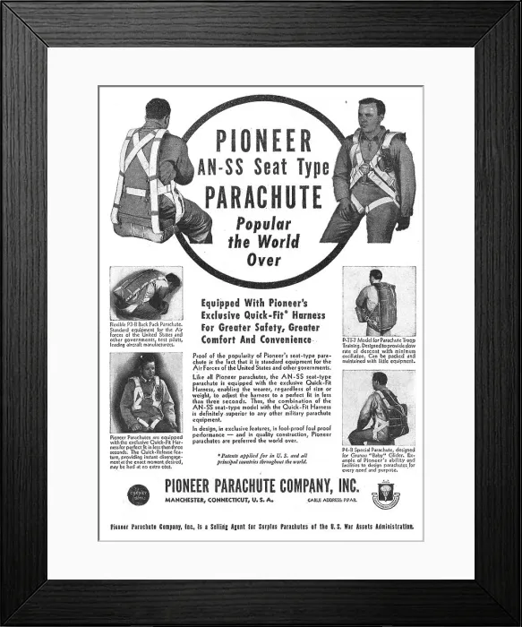 Framed Print : Pioneer Parachutes - Pioneer AN-SS Seat Type Parcahute 1948 Framed Print : Pioneer Parachutes - Pioneer AN-SS Seat Type Parcahute 1948