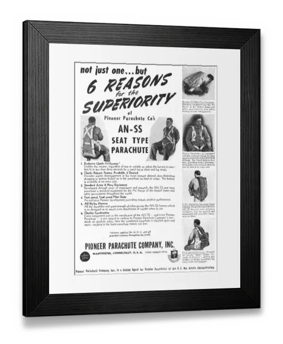 Framed Print : Pioneer Parachutes - Pioneer AN-SS Seat Type Parcahute 1948