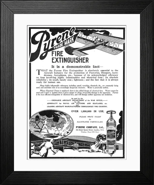 Framed Print : Pyrene Fire Extinguishers For Hangars & Aeroplanes 1916 Framed Print : Pyrene Fire Extinguishers For Hangars & Aeroplanes 1916