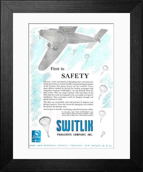 Framed Print : Switlik Parachutes 1950 Framed Print : Switlik Parachutes 1950