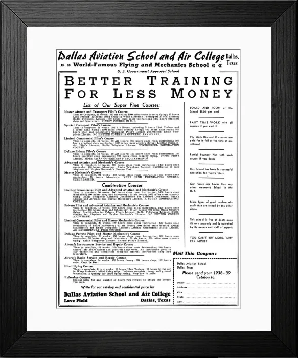 Framed Print : Dallas Aviation School & Air College, Love Field, Dallas Framed Print : Dallas Aviation School & Air College, Love Field, Dallas