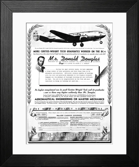Framed Print : Curtiss-Wright Technical Institute. California. 1938 Advert Framed Print : Curtiss-Wright Technical Institute. California. 1938 Advert
