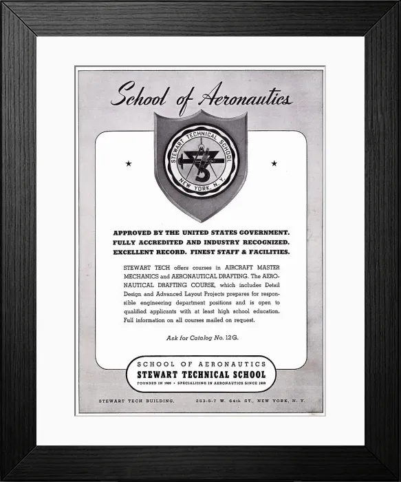 Framed Print : Stewart Technical School Of Aeronautics. New York 1942 Framed Print : Stewart Technical School Of Aeronautics. New York 1942