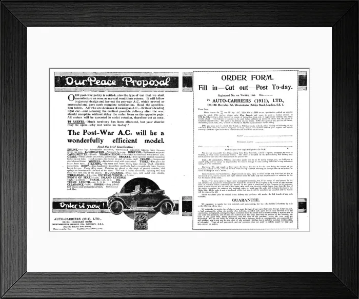 Framed Print : Auto-Carriers - A.C.Cars 1918 Advert Framed Print : Auto-Carriers - A.C.Cars 1918 Advert