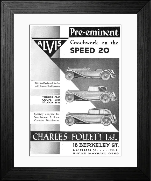 Framed Print : Alvis Cars. Charles Follett. Alvis Speed 20 1933 Advert Framed Print : Alvis Cars. Charles Follett. Alvis Speed 20 1933 Advert