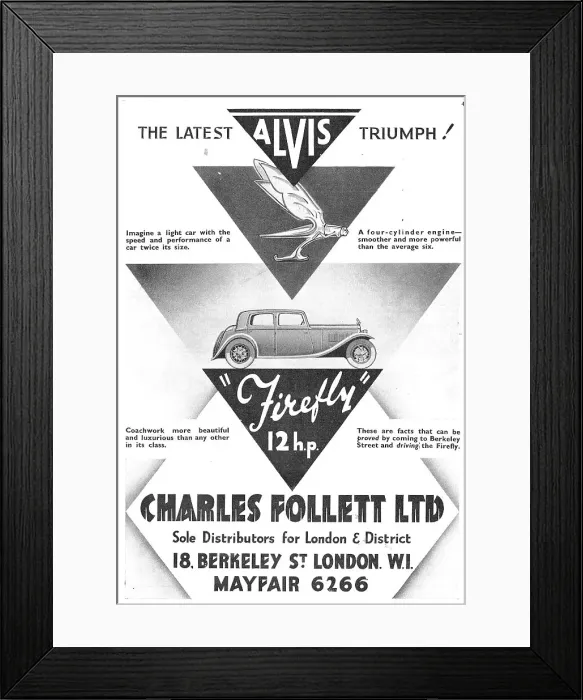 Framed Print : Alvis Cars. Charles Follett. Alvis Firefly 1933 Advert Framed Print : Alvis Cars. Charles Follett. Alvis Firefly 1933 Advert