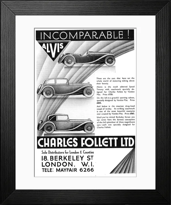 Framed Print : Alvis Cars. Charles Follett. Alvis Speed Twenty 1933 Advert Framed Print : Alvis Cars. Charles Follett. Alvis Speed Twenty 1933 Advert