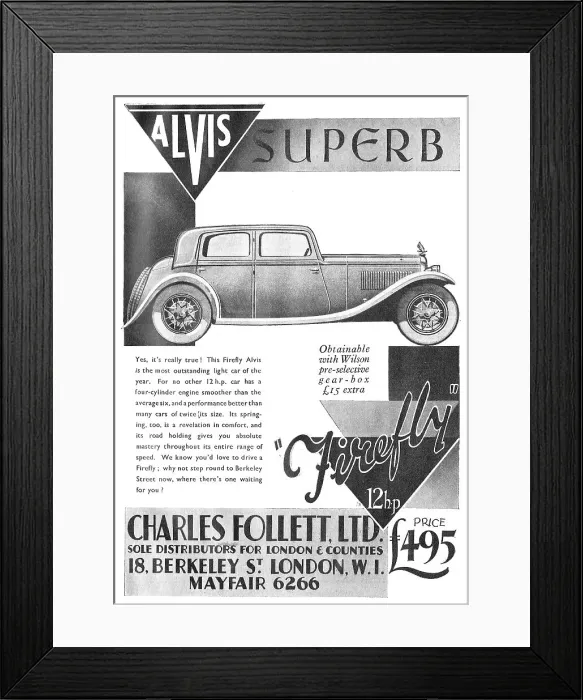 Framed Print : Alvis Cars. Charles Follett. Alvis Firefly 1933 Advert Framed Print : Alvis Cars. Charles Follett. Alvis Firefly 1933 Advert