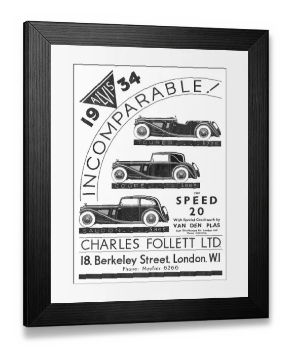 Framed Print : Alvis Cars. Charles Follett. Alvis Speed 20 1933 Advert Framed Print : Alvis Cars. Charles Follett. Alvis Speed 20 1933 Advert
