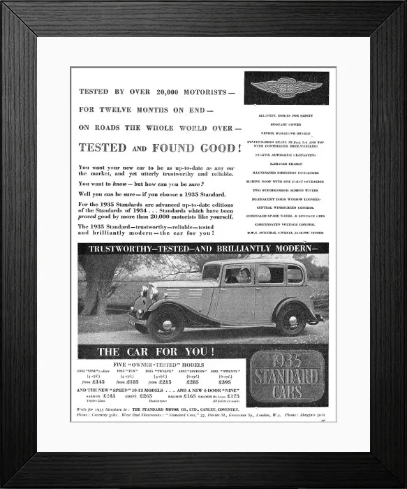 Framed Print : Standard Cars For 1935. Tested And Found Good! Framed Print : Standard Cars For 1935. Tested And Found Good!