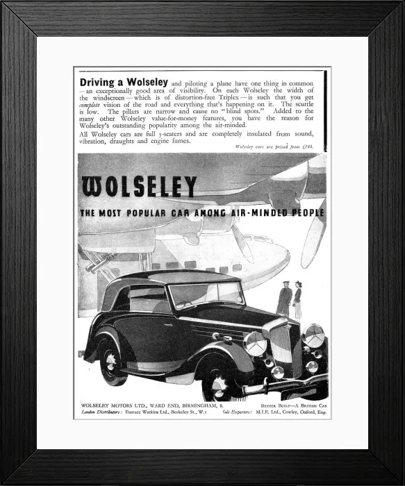Framed Print : Wolseley Cars 1938 Advert Framed Print : Wolseley Cars 1938 Advert