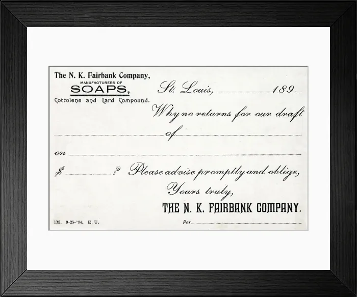 Framed Print : Blank Returns Postcard - N. K. Fairbank Company Soap Framed Print : Blank Returns Postcard - N. K. Fairbank Company Soap