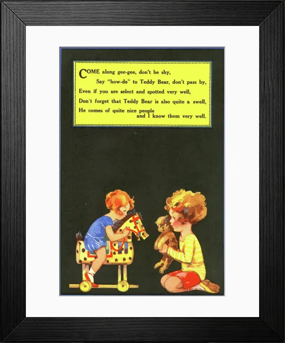 Framed Print : Two Girls, teddy bear, toy horse, three dogs Framed Print : Two Girls, teddy bear, toy horse, three dogs