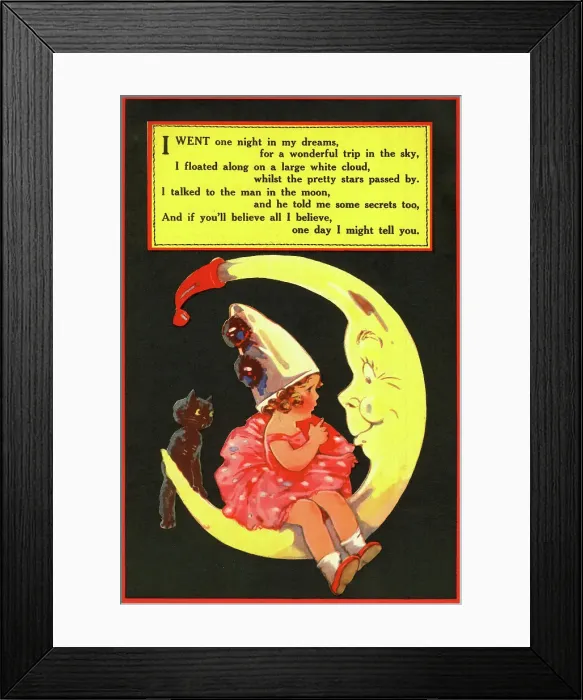 Framed Print : Girl and cat sitting on a crescent moon Framed Print : Girl and cat sitting on a crescent moon