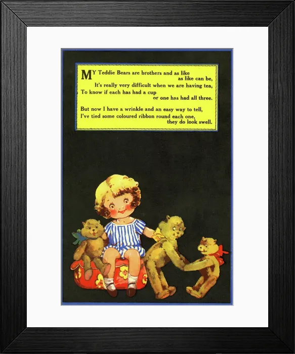Framed Print : Seated Girl and three teddy bears Framed Print : Seated Girl and three teddy bears