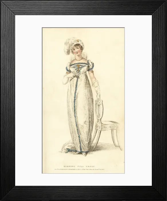 Framed Print : Evening dress in white satin trimmed with blue velvet, 1809 Framed Print : Evening dress in white satin trimmed with blue velvet, 1809