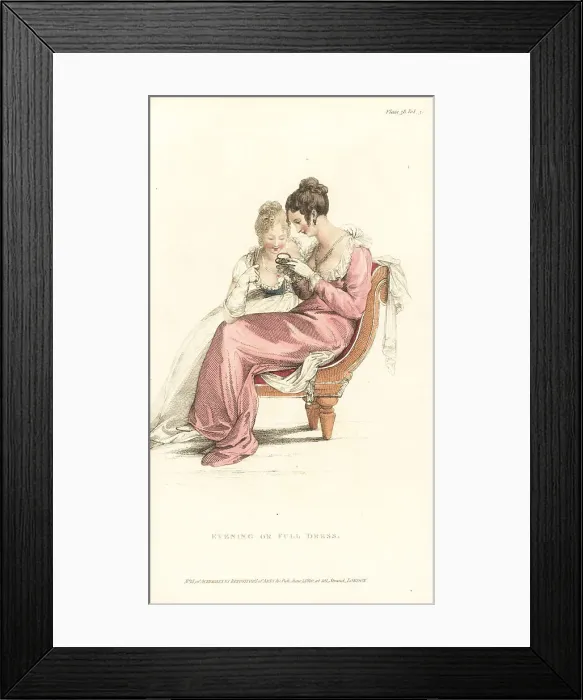Framed Print : Regency women in evening dress looking at a locket, 1810 Framed Print : Regency women in evening dress looking at a locket, 1810
