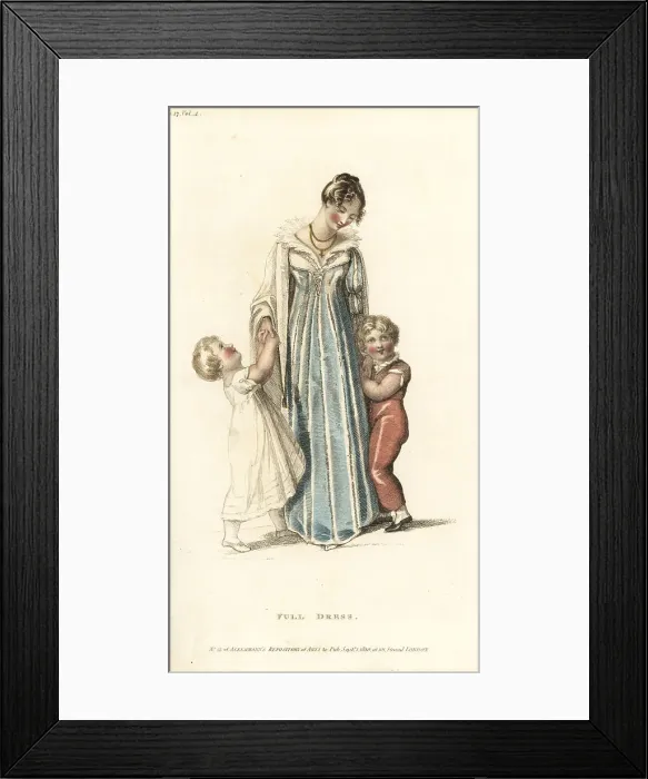 Framed Print : Regency woman in full evening dress with two children Framed Print : Regency woman in full evening dress with two children