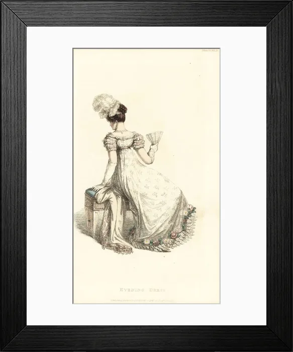 Framed Print : Regency woman in evening dress seated on a stool, 1820 Framed Print : Regency woman in evening dress seated on a stool, 1820