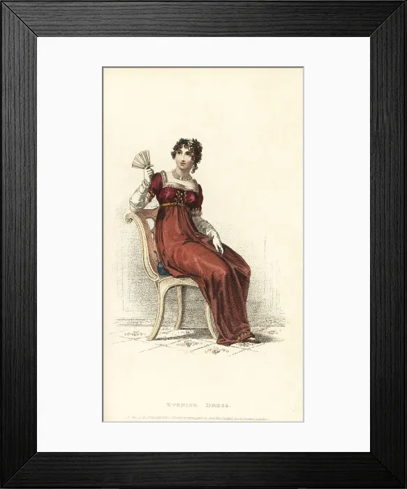 Framed Print : Fashionable Regency woman in crimson evening dress, 1813 Framed Print : Fashionable Regency woman in crimson evening dress, 1813