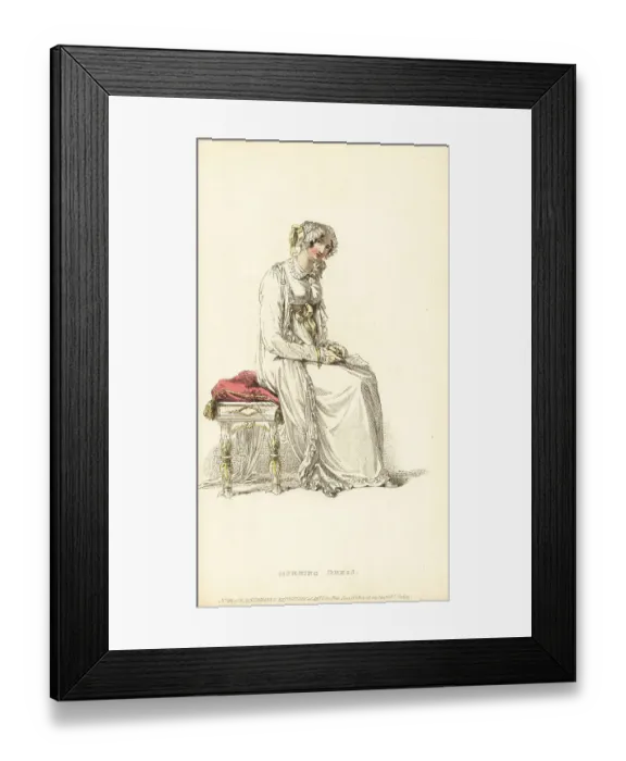 Framed Print : Regency woman in morning dress seated on a stool Framed Print : Regency woman in morning dress seated on a stool