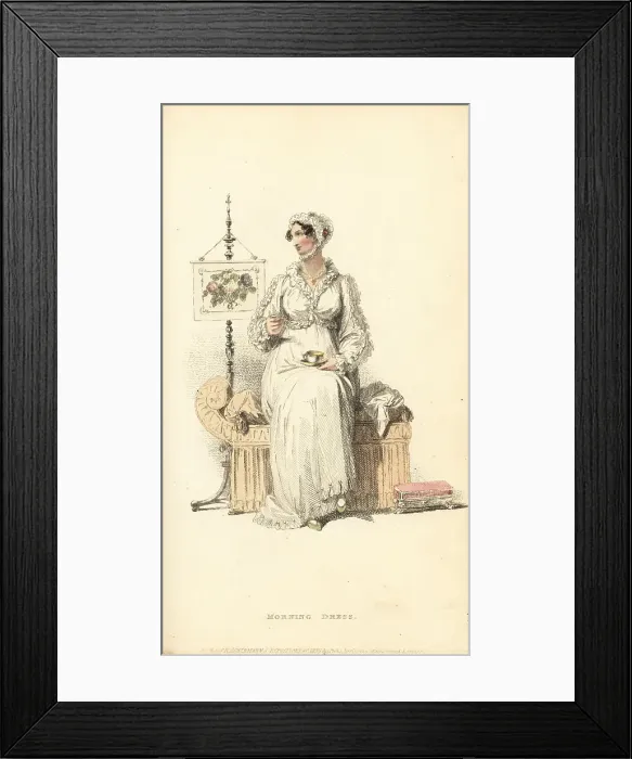 Framed Print : Fashionable Regency woman drinking tea next to a screen, 1814 Framed Print : Fashionable Regency woman drinking tea next to a screen, 1814