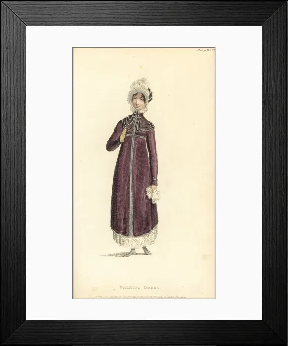 Framed Print : Regency woman in walking dress with Spanish hat, 1814 Framed Print : Regency woman in walking dress with Spanish hat, 1814