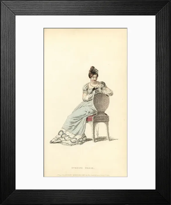 Framed Print : Regency woman in full evening dress looking at a locket, 1815 Framed Print : Regency woman in full evening dress looking at a locket, 1815