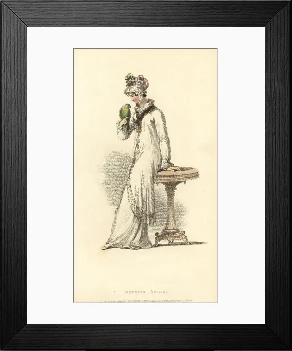 Framed Print : Regency woman in morning dress playing with a parrot, 1815 Framed Print : Regency woman in morning dress playing with a parrot, 1815