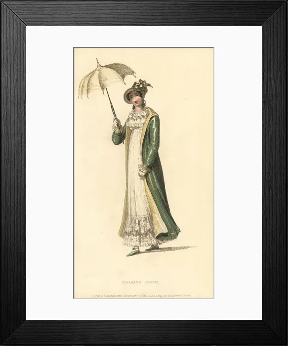 Framed Print : Regency woman in frilled walking dress, 1815 Framed Print : Regency woman in frilled walking dress, 1815