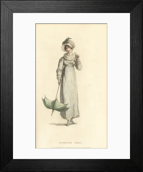 Framed Print : Regency woman in promenade dress with lorgnette, 1815 Framed Print : Regency woman in promenade dress with lorgnette, 1815