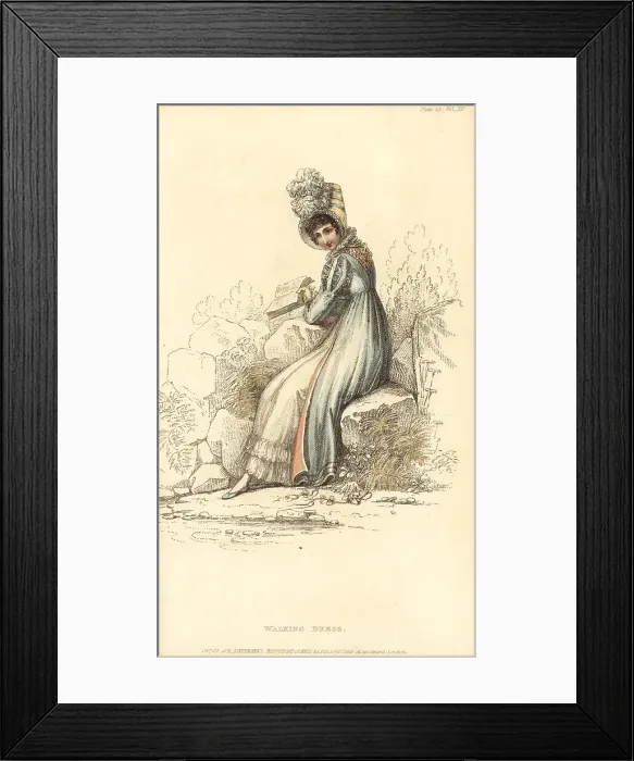Framed Print : Regency woman in walking dress reading a book in a park, 1815 Framed Print : Regency woman in walking dress reading a book in a park, 1815