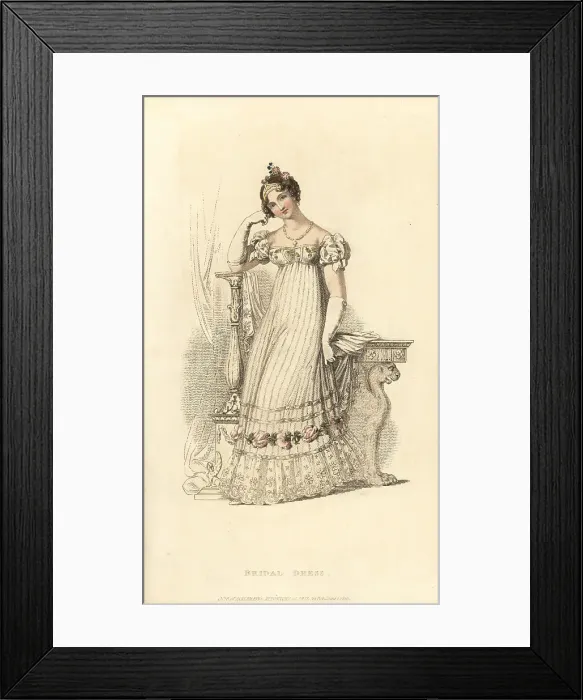 Framed Print : Regency woman in bridal dress designed by Mrs Gill, 1815 Framed Print : Regency woman in bridal dress designed by Mrs Gill, 1815