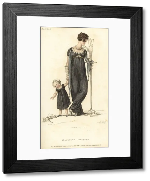 Framed Print : Regency woman and child in mourning dress, 1809