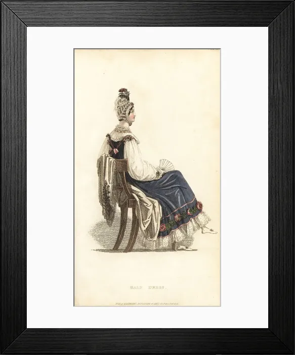 Framed Print : Regency lady in half dress seated with fan, 1816 Framed Print : Regency lady in half dress seated with fan, 1816