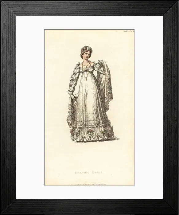 Framed Print : Regency lady in evening dress and transparent silk shawl, 1817 Framed Print : Regency lady in evening dress and transparent silk shawl, 1817