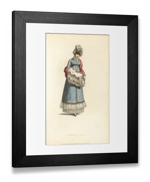 Framed Print : Regency lady in carriage dress with ermine muff, 1817 Framed Print : Regency lady in carriage dress with ermine muff, 1817