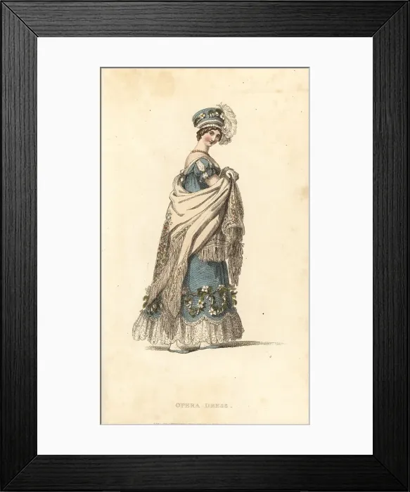 Framed Print : Regency lady in opera dress and toque hat, 1817 Framed Print : Regency lady in opera dress and toque hat, 1817