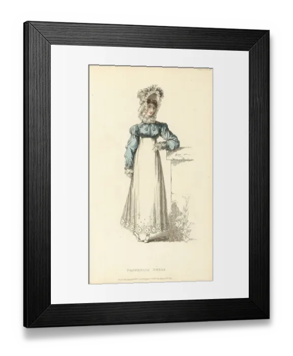 Framed Print : Regency lady in promenade dress and bonnet a la Ninon, 1817 Framed Print : Regency lady in promenade dress and bonnet a la Ninon, 1817