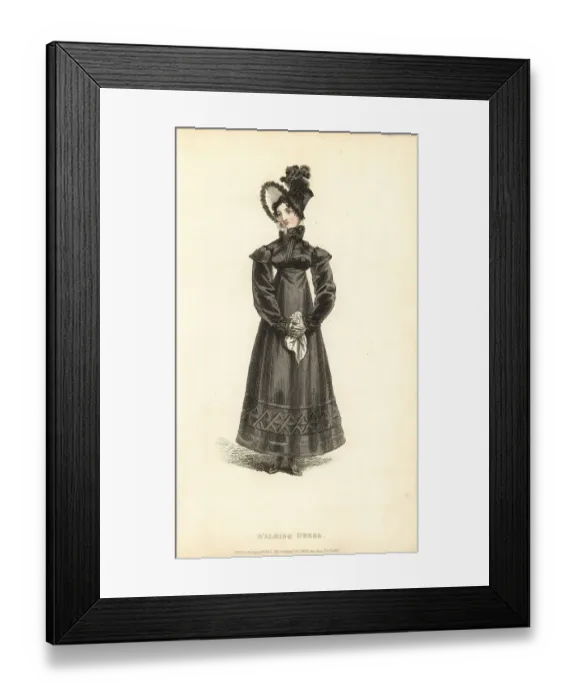 Framed Print : Regency lady in walking dress with Claremnont bonnet, 1817 Framed Print : Regency lady in walking dress with Claremnont bonnet, 1817
