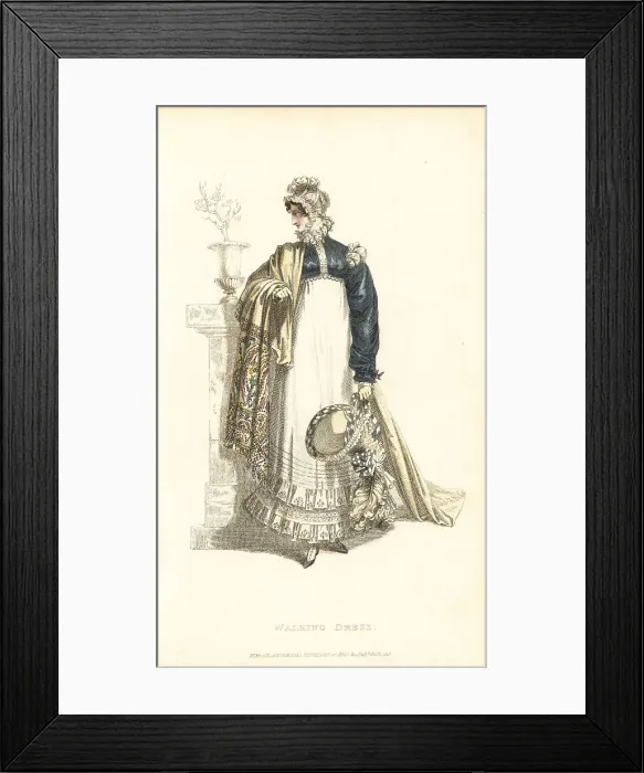 Framed Print : Regency lady in walking dress holding a French bonnet, 1818 Framed Print : Regency lady in walking dress holding a French bonnet, 1818