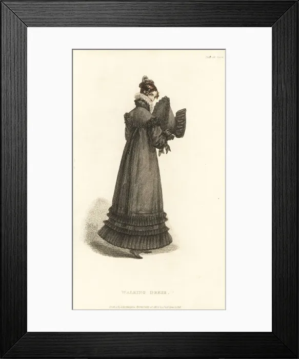 Framed Print : Regency lady in black walking dress, 1818 Framed Print : Regency lady in black walking dress, 1818