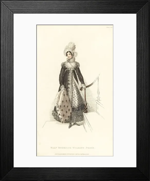 Framed Print : Regency lady in half-mourning walking dress and gipsy hat, 1819 Framed Print : Regency lady in half-mourning walking dress and gipsy hat, 1819